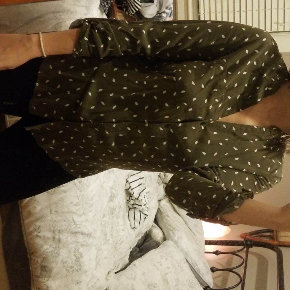 Olive Green Feather Print Soft Button Up